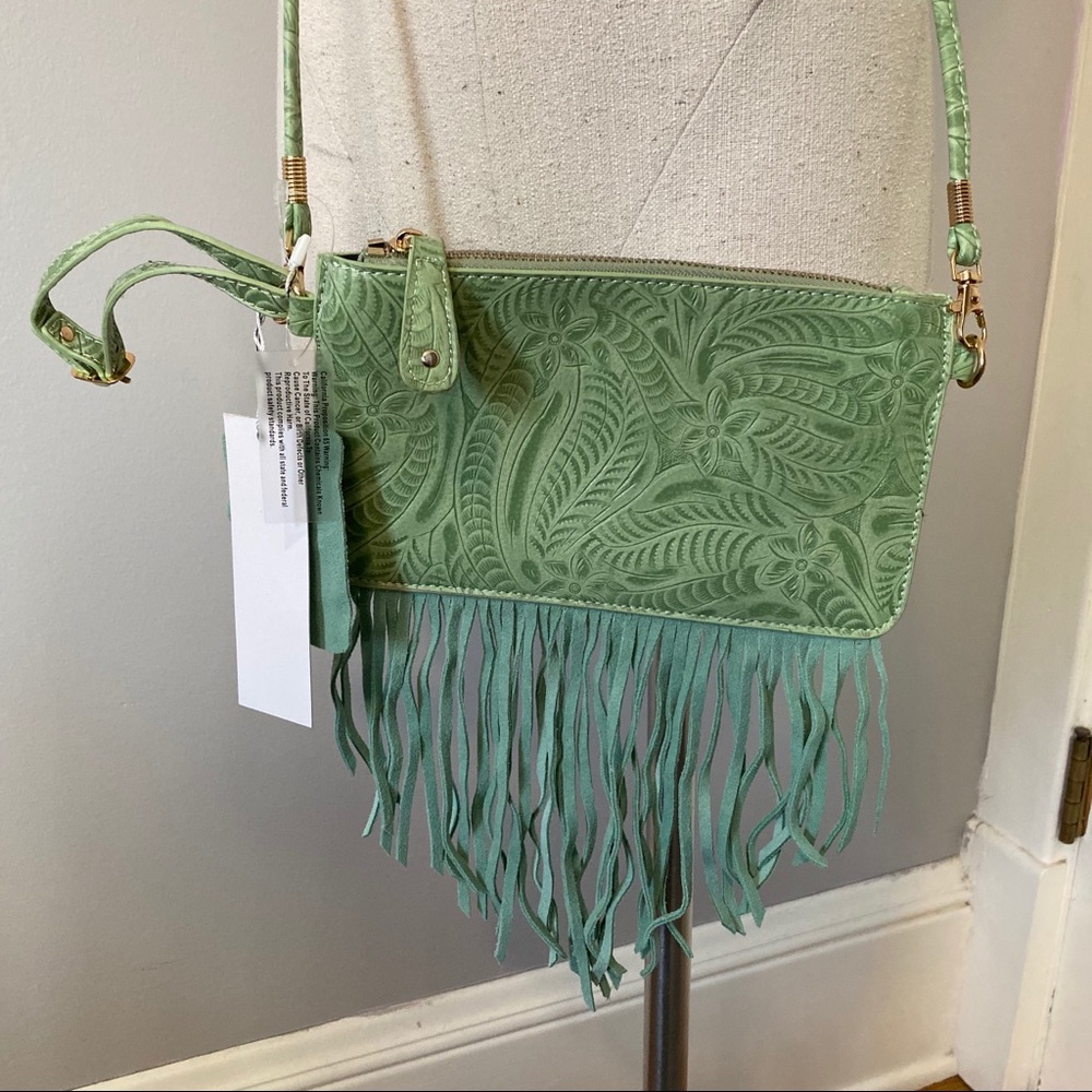 Free People Tooled Fringe Bag Suede Crossbody